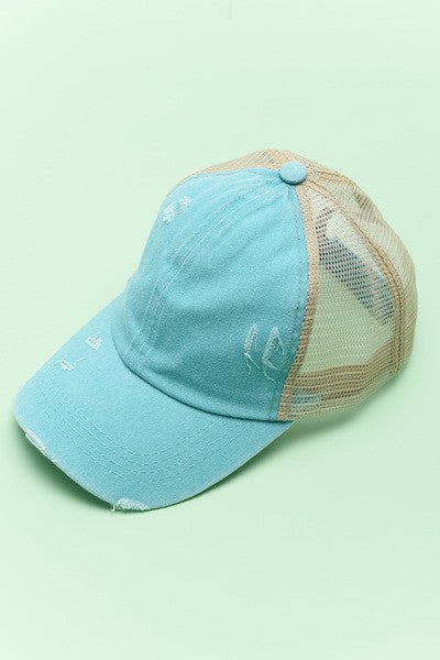 Distressed Mesh Baseball Hat-Turquoise