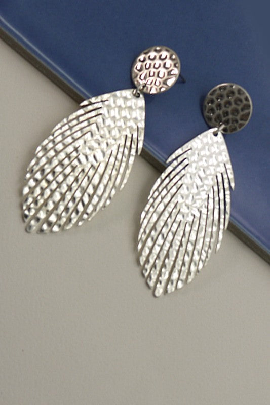 Hammered Feather Earrings-Silver